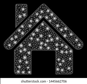 Flare mesh house with glare effect. Abstract illuminated model of house icon. Shiny wire carcass triangular mesh house. Vector abstraction on a black background.