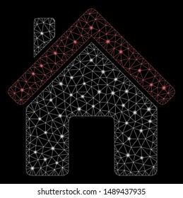 Flare mesh house with glitter effect. Abstract illuminated model of house icon. Shiny wire frame polygonal network house. Vector abstraction on a black background.