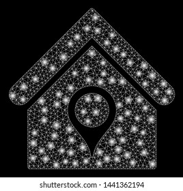 Flare mesh house location with sparkle effect. Abstract illuminated model of house location icon. Shiny wire frame triangular mesh house location. Vector abstraction on a black background.