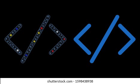 Flare mesh HTML code icon with glow effect. Abstract illuminated model of HTML code. Shiny wire carcass polygonal network HTML code icon. Vector abstraction on a black background.