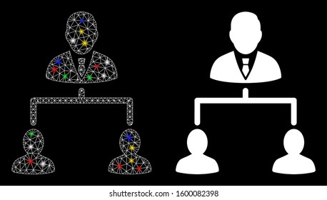 Flare mesh human hierarchy icon with sparkle effect. Abstract illuminated model of human hierarchy. Shiny wire frame polygonal mesh human hierarchy icon. Vector abstraction on a black background.