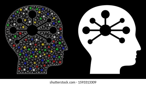 Flare mesh human intellect icon with sparkle effect. Abstract illuminated model of human intellect. Shiny wire frame polygonal mesh human intellect icon. Vector abstraction on a black background.
