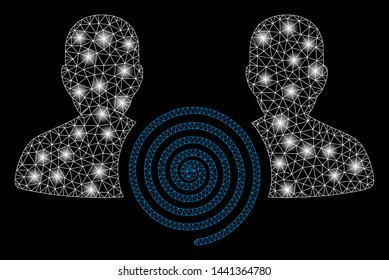 Flare mesh hypnosis sect with glow effect. Abstract illuminated model of hypnosis sect icon. Shiny wire carcass triangular mesh hypnosis sect. Vector abstraction on a black background.