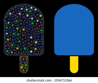 Flare mesh ice cream icon with glow effect. Abstract illuminated model of ice cream. Shiny wire carcass triangular mesh ice cream icon. Vector abstraction on a black background.