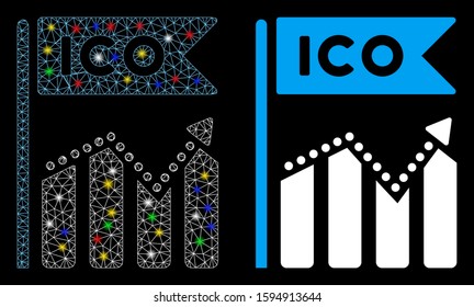 Flare mesh ICO chart icon with glare effect. Abstract illuminated model of ICO chart. Shiny wire frame polygonal mesh ICO chart icon. Vector abstraction on a black background.