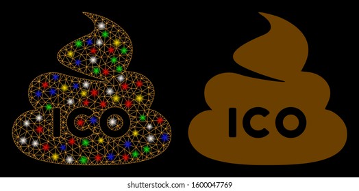 Flare mesh ICO shit icon with sparkle effect. Abstract illuminated model of ICO shit. Shiny wire carcass polygonal mesh ICO shit icon. Vector abstraction on a black background.