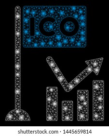 Flare mesh ICO trend chart with lightspot effect. Abstract illuminated model of ICO trend chart icon. Shiny wire frame triangular mesh ICO trend chart. Vector abstraction on a black background.