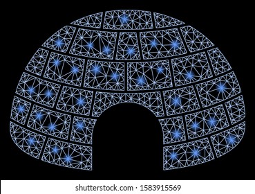 Flare mesh igloo with lightspot effect. Abstract illuminated model of igloo icon. Shiny wire carcass polygonal mesh igloo. Vector abstraction on a black background.