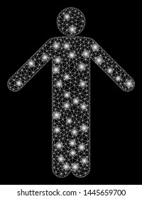 Flare mesh ignorance pose with sparkle effect. Abstract illuminated model of ignorance pose icon. Shiny wire carcass polygonal mesh ignorance pose. Vector abstraction on a black background.