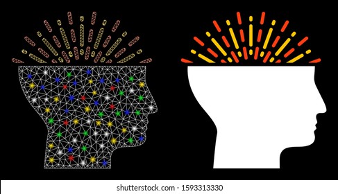 Flare mesh imagination icon with lightspot effect. Abstract illuminated model of imagination. Shiny wire frame triangular mesh imagination icon. Vector abstraction on a black background.