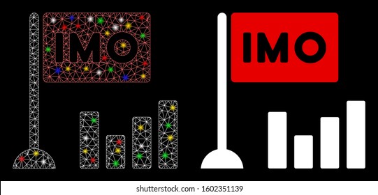 Flare mesh IMO bar chart icon with glow effect. Abstract illuminated model of IMO bar chart. Shiny wire carcass triangular network IMO bar chart icon. Vector abstraction on a black background.