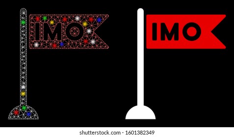 Flare mesh IMO flag icon with sparkle effect. Abstract illuminated model of IMO flag. Shiny wire frame triangular mesh IMO flag icon. Vector abstraction on a black background.