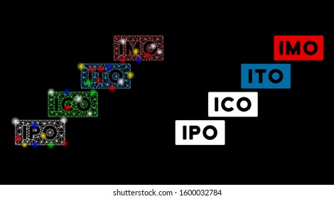 Flare mesh IMO levels icon with glitter effect. Abstract illuminated model of IMO levels. Shiny wire carcass triangular mesh IMO levels icon. Vector abstraction on a black background.