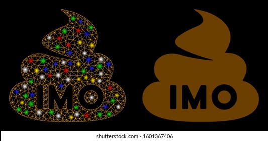 Flare mesh IMO shit icon with sparkle effect. Abstract illuminated model of IMO shit. Shiny wire carcass polygonal mesh IMO shit icon. Vector abstraction on a black background.