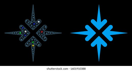 Flare mesh impact arrows icon with glare effect. Abstract illuminated model of impact arrows. Shiny wire carcass triangular network impact arrows icon. Vector abstraction on a black background.