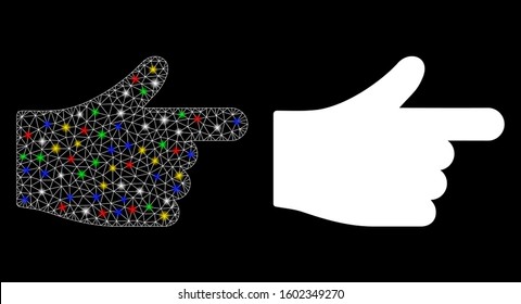 Flare mesh index hand icon with sparkle effect. Abstract illuminated model of index hand. Shiny wire frame polygonal mesh index hand icon. Vector abstraction on a black background.