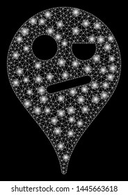 Flare mesh infidelity smiley map marker with glare effect. Abstract illuminated model of infidelity smiley map marker icon. Shiny wire frame triangular mesh infidelity smiley map marker.