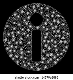 Flare mesh info with glitter effect. Abstract illuminated model of info icon. Shiny wire carcass triangular mesh info. Vector abstraction on a black background.