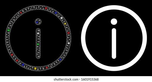 Flare mesh information icon with glare effect. Abstract illuminated model of information. Shiny wire carcass triangular mesh information icon. Vector abstraction on a black background.