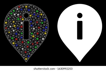 Flare mesh information marker icon with glitter effect. Abstract illuminated model of information marker. Shiny wire carcass triangular mesh information marker icon.