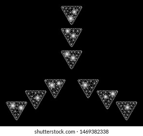 Flare mesh inside direction with glare effect. Abstract illuminated model of inside direction icon. Shiny wire carcass triangular mesh inside direction. Vector abstraction on a black background.