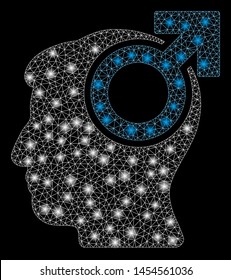 Flare mesh intellect potency with glare effect. Abstract illuminated model of intellect potency icon. Shiny wire frame triangular mesh intellect potency. Vector abstraction on a black background.