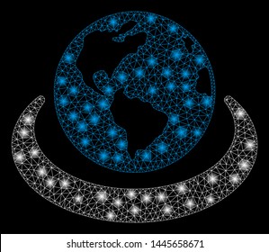Flare mesh international network with lightspot effect. Abstract illuminated model of international network icon. Shiny wire carcass triangular mesh international network.