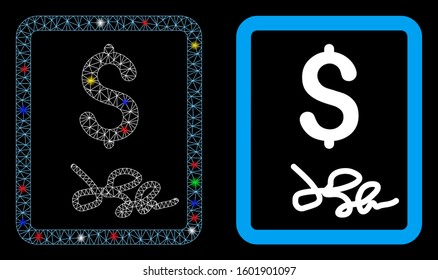 Flare mesh invoice page icon with lightspot effect. Abstract illuminated model of invoice page. Shiny wire frame triangular mesh invoice page icon. Vector abstraction on a black background.