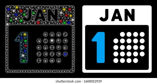 Flare mesh January first icon with sparkle effect. Abstract illuminated model of January first. Shiny wire carcass polygonal network January first icon. Vector abstraction on a black background.