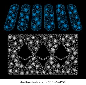 Flare mesh jewelry shop with glow effect. Abstract illuminated model of jewelry shop icon. Shiny wire frame polygonal network jewelry shop. Vector abstraction on a black background.