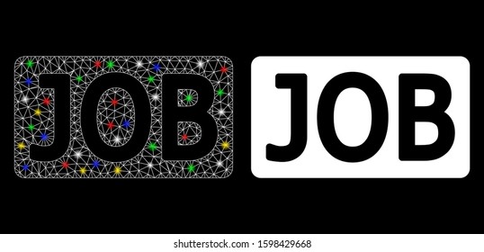 Flare mesh job caption icon with glow effect. Abstract illuminated model of job caption. Shiny wire carcass polygonal mesh job caption icon. Vector abstraction on a black background.