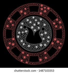 Flare mesh joker casino chip with glitter effect. Abstract illuminated model of joker casino chip icon. Shiny wire frame triangular mesh joker casino chip. Vector abstraction on a black background.