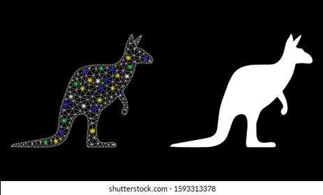 Flare mesh kangaroo icon with glow effect. Abstract illuminated model of kangaroo. Shiny wire frame polygonal network kangaroo icon. Vector abstraction on a black background.