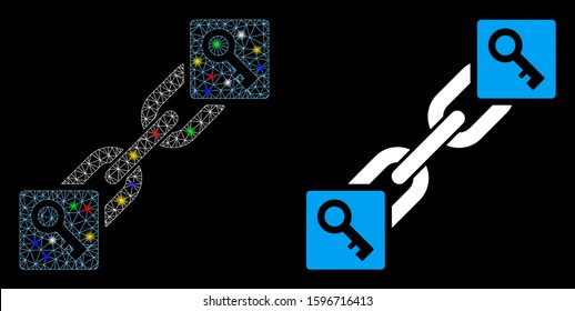 Flare mesh key blockchain icon with glare effect. Abstract illuminated model of key blockchain. Shiny wire carcass polygonal mesh key blockchain icon. Vector abstraction on a black background.