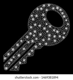 Flare mesh key with lightspot effect. Abstract illuminated model of key icon. Shiny wire carcass polygonal mesh key. Vector abstraction on a black background.