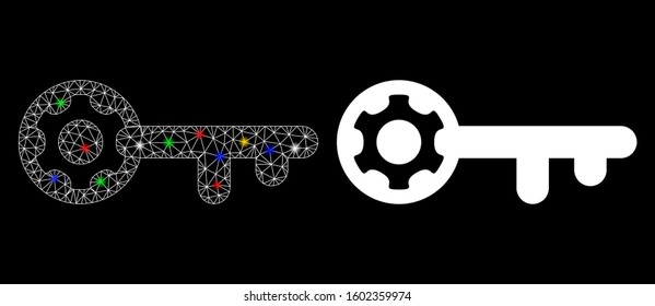 Flare mesh key options icon with glow effect. Abstract illuminated model of key options. Shiny wire frame polygonal network key options icon. Vector abstraction on a black background.