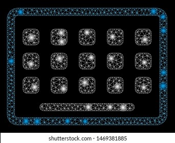 Flare mesh keyboard with glare effect. Abstract illuminated model of keyboard icon. Shiny wire frame triangular network keyboard. Vector abstraction on a black background.