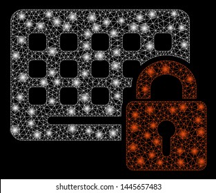 Flare mesh keypad locked with sparkle effect. Abstract illuminated model of keypad locked icon. Shiny wire carcass triangular mesh keypad locked. Vector abstraction on a black background.