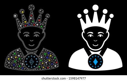 Flare mesh king icon with glare effect. Abstract illuminated model of king. Shiny wire carcass triangular mesh king icon. Vector abstraction on a black background.