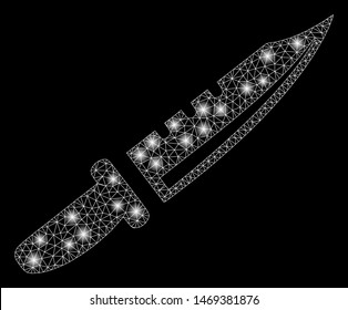 Flare mesh knife with glare effect. Abstract illuminated model of knife icon. Shiny wire frame triangular mesh knife. Vector abstraction on a black background.