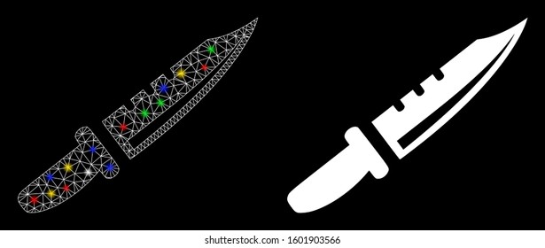 Flare mesh knife icon with lightspot effect. Abstract illuminated model of knife. Shiny wire carcass polygonal network knife icon. Vector abstraction on a black background.