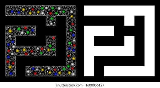 Flare mesh labyrinth icon with glitter effect. Abstract illuminated model of labyrinth. Shiny wire frame triangular mesh labyrinth icon. Vector abstraction on a black background.