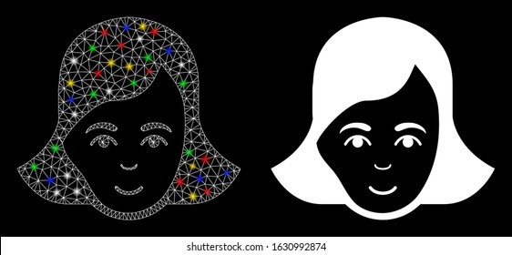 Flare mesh lady face icon with lightspot effect. Abstract illuminated model of lady face. Shiny wire carcass triangular mesh lady face icon. Vector abstraction on a black background.