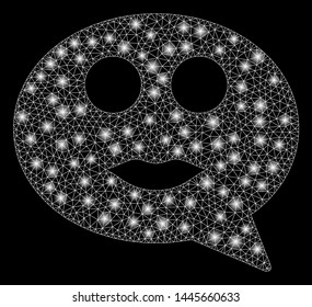 Flare mesh lady smiley message with lightspot effect. Abstract illuminated model of lady smiley message icon. Shiny wire frame polygonal mesh lady smiley message.