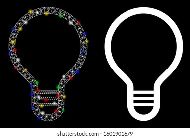 Flare mesh lamp bulb icon with glitter effect. Abstract illuminated model of lamp bulb. Shiny wire frame triangular mesh lamp bulb icon. Vector abstraction on a black background.