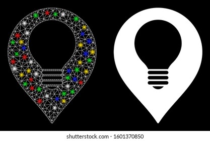 Flare mesh lamp bulb marker icon with glow effect. Abstract illuminated model of lamp bulb marker. Shiny wire frame polygonal mesh lamp bulb marker icon. Vector abstraction on a black background.