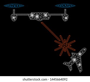 Flare mesh laser drone attacks airplane with glare effect. Abstract illuminated model of laser drone attacks airplane icon. Shiny wire frame polygonal mesh laser drone attacks airplane.