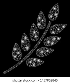 Flare mesh leaf branch with glare effect. Abstract illuminated model of leaf branch icon. Shiny wire carcass triangular mesh leaf branch. Vector abstraction on a black background.