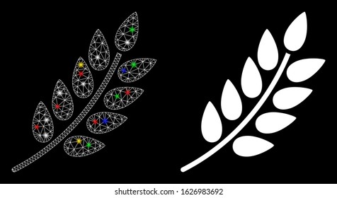 Flare mesh leaf branch icon with glare effect. Abstract illuminated model of leaf branch. Shiny wire frame polygonal mesh leaf branch icon. Vector abstraction on a black background.