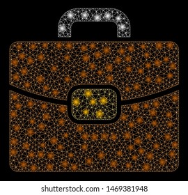 Flare mesh leather case with sparkle effect. Abstract illuminated model of leather case icon. Shiny wire frame polygonal mesh leather case. Vector abstraction on a black background.